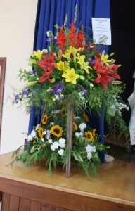 A beautiful flower arrangement in the main hall on Show Day August 2018