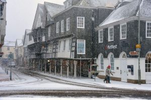 Snowing in Duke Street Dartmouth by the Butterwalk March 2018