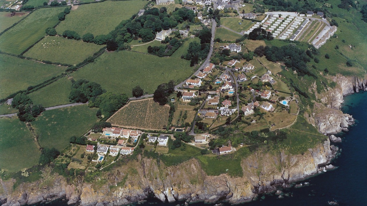 Aerial view of Overseas Estate and village Stoke Fleming from the B J Morris Collection